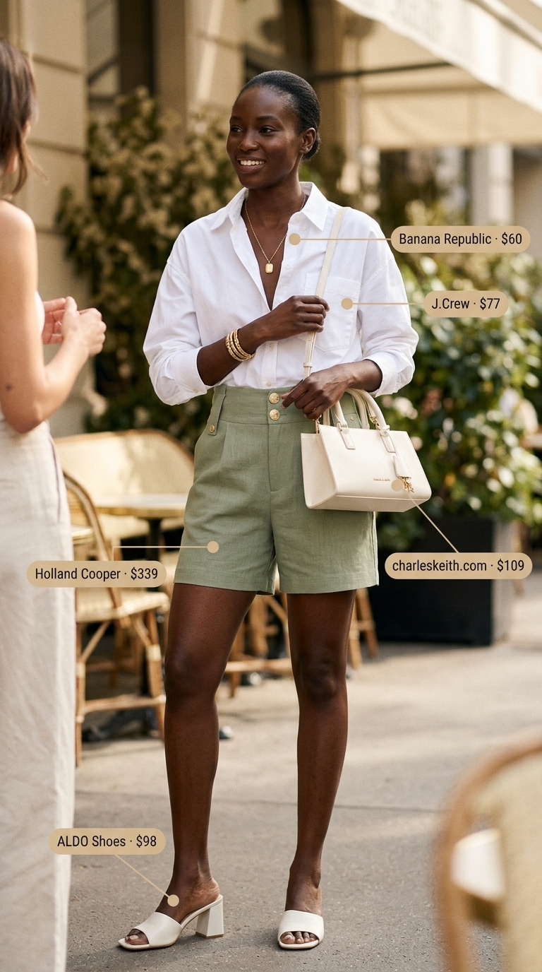 Business Casual Chic: Trendy Summer Outfits for Black Woman 2026 Trendy summer outfits for black woman 2026: Sage green shorts, white shirt, gold necklace for business casual.