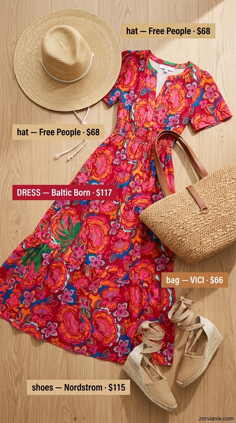 Tropical Vacation Style: Trendy Summer Outfits for Black Woman 2026 Trendy summer outfits for black woman 2026: Tropical maxi dress, espadrille wedges, straw hat for vacation.