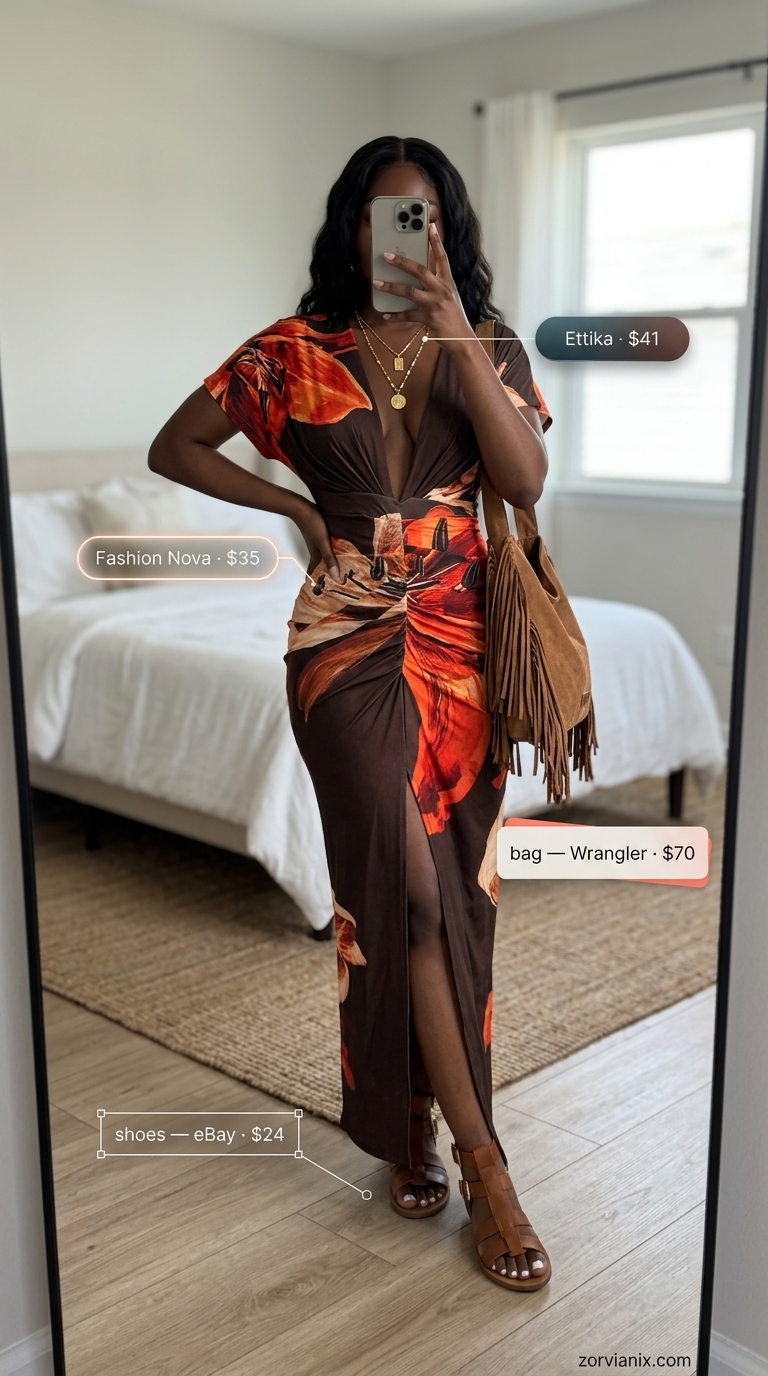 Trendy Summer Outfits 2026: Boho Festival Queen Trendy summer outfits for black woman 2026: Boho maxi dress, gladiator sandals, straw hat, and fringed bag for festival.