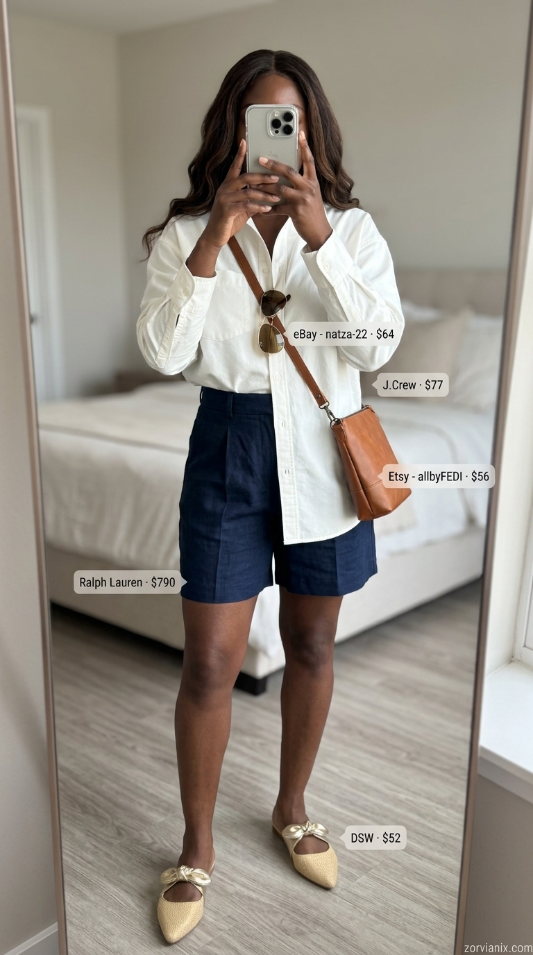 Chic City Explorer Outfit 2026 Trendy summer outfits for black woman 2026: Navy linen shorts, white button-down, tan mules for city sightseeing.