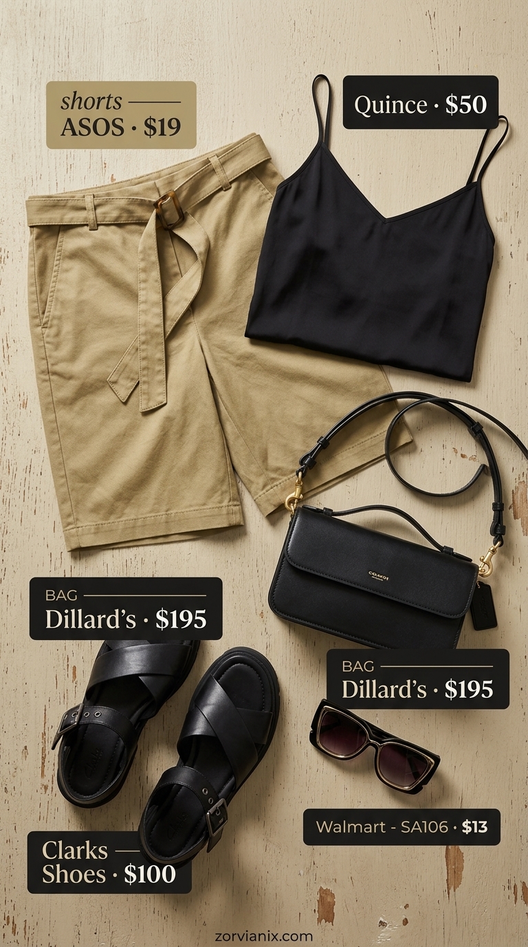 Trendy Summer Outfits 2026: City Safari Brunch Trendy summer outfits for black woman 2026: Khaki shorts, black silk cami, gold sunglasses, and chunky sandals for city brunch.