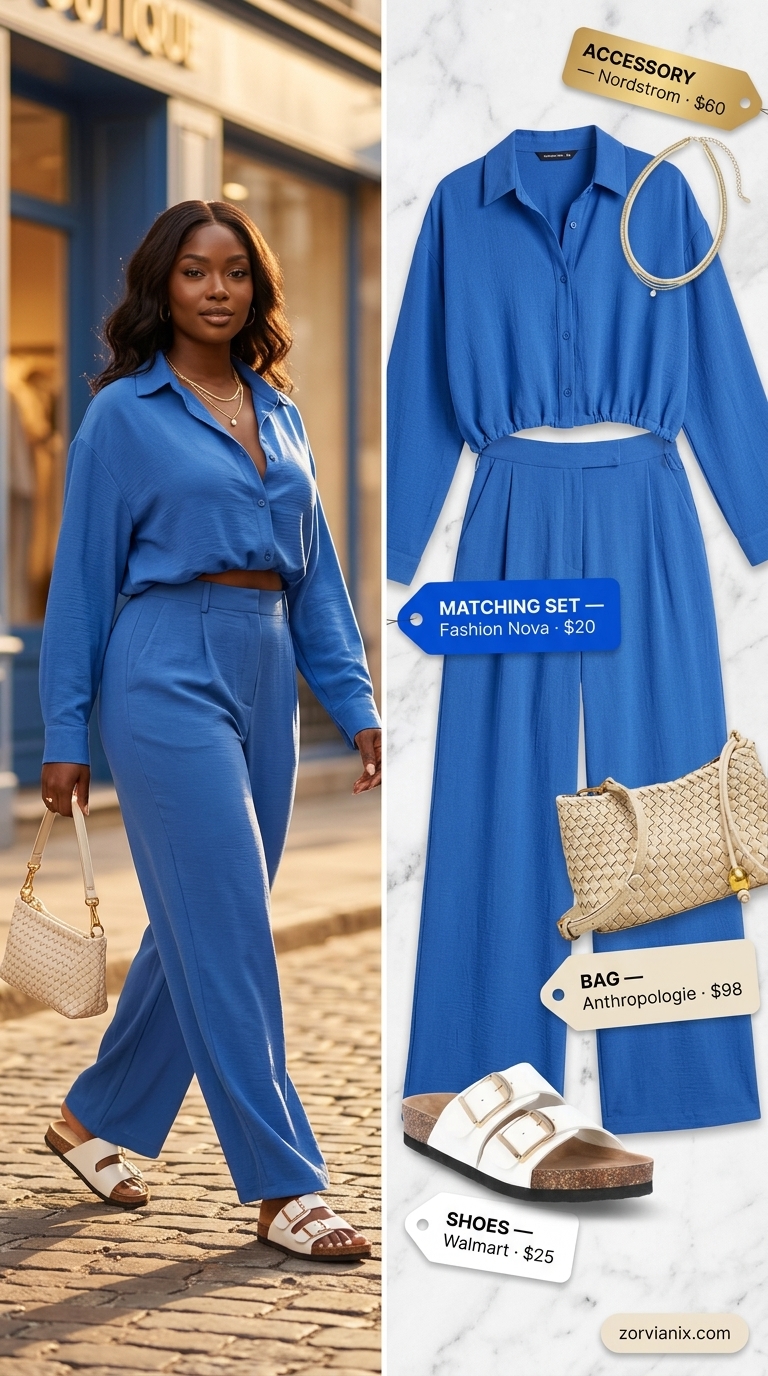 Trendy Summer Outfits 2026: Coastal Charm Set Trendy summer outfits for black woman 2026: Cobalt blue linen set, white sandals, and straw bag for resort lunch.