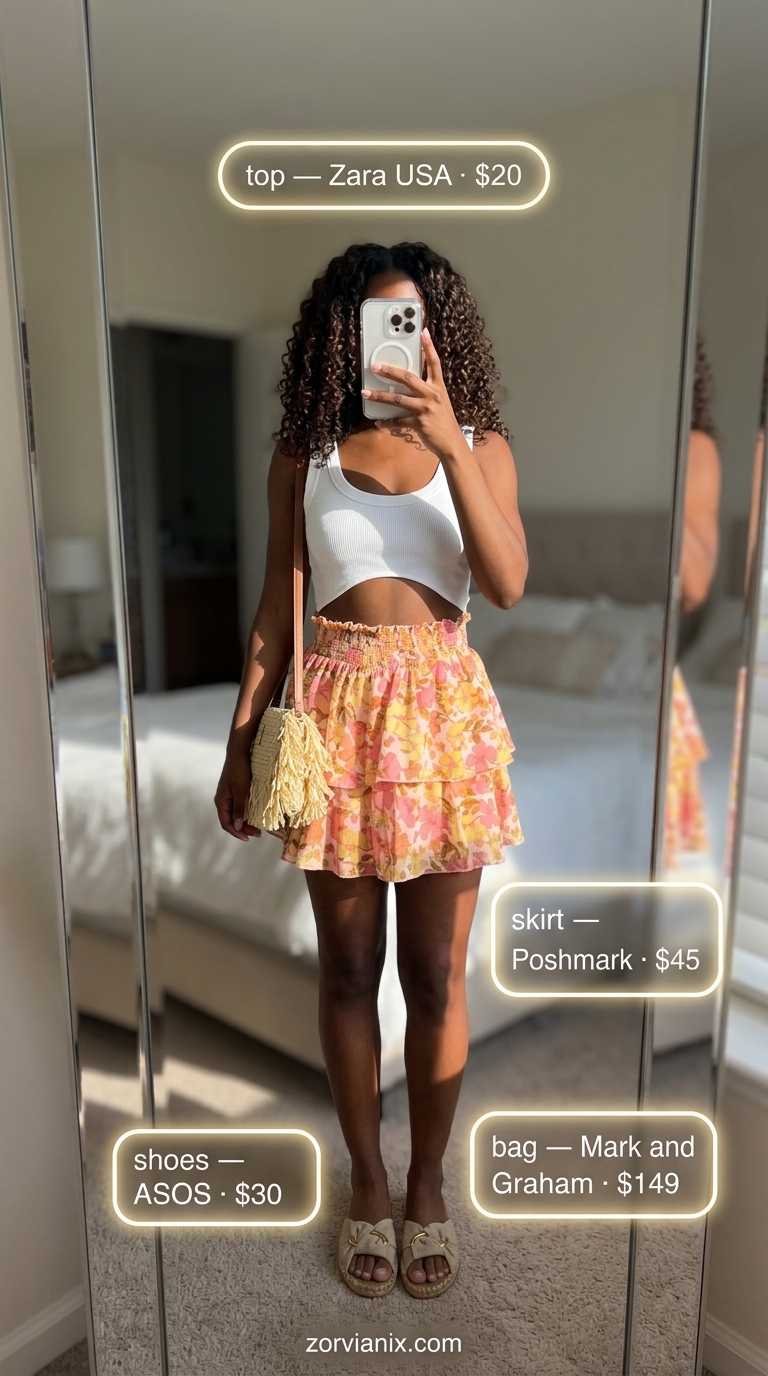 Trendy Summer Outfits 2026: Festival Flora Fun Trendy summer outfits for black woman 2026: Floral mini skirt, white crop top, oversized shirt, and espadrille mules for festival.