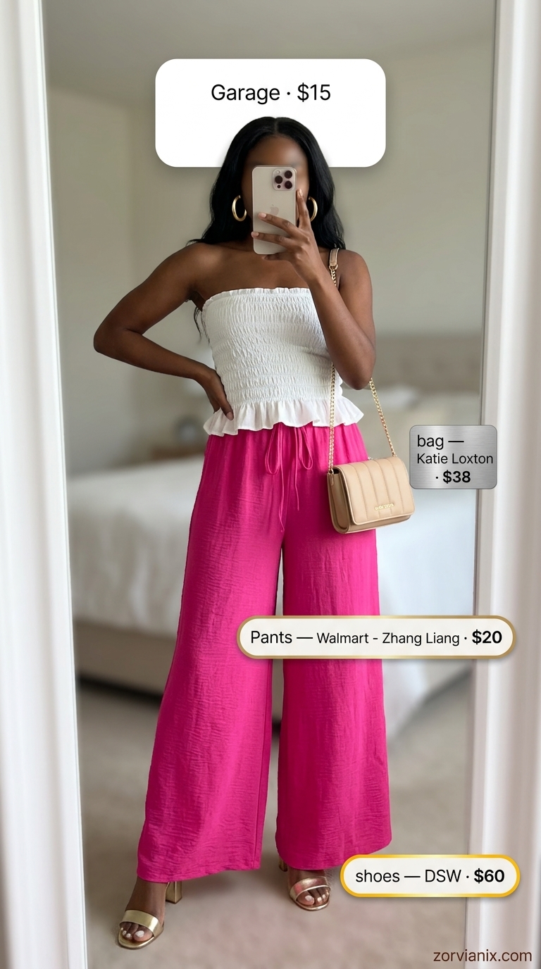 Fuchsia Beach Club Glam Outfit 2026 Trendy summer outfits for black woman 2026: Fuchsia palazzo pants, white bandeau top, gold sandals for resort dinner.