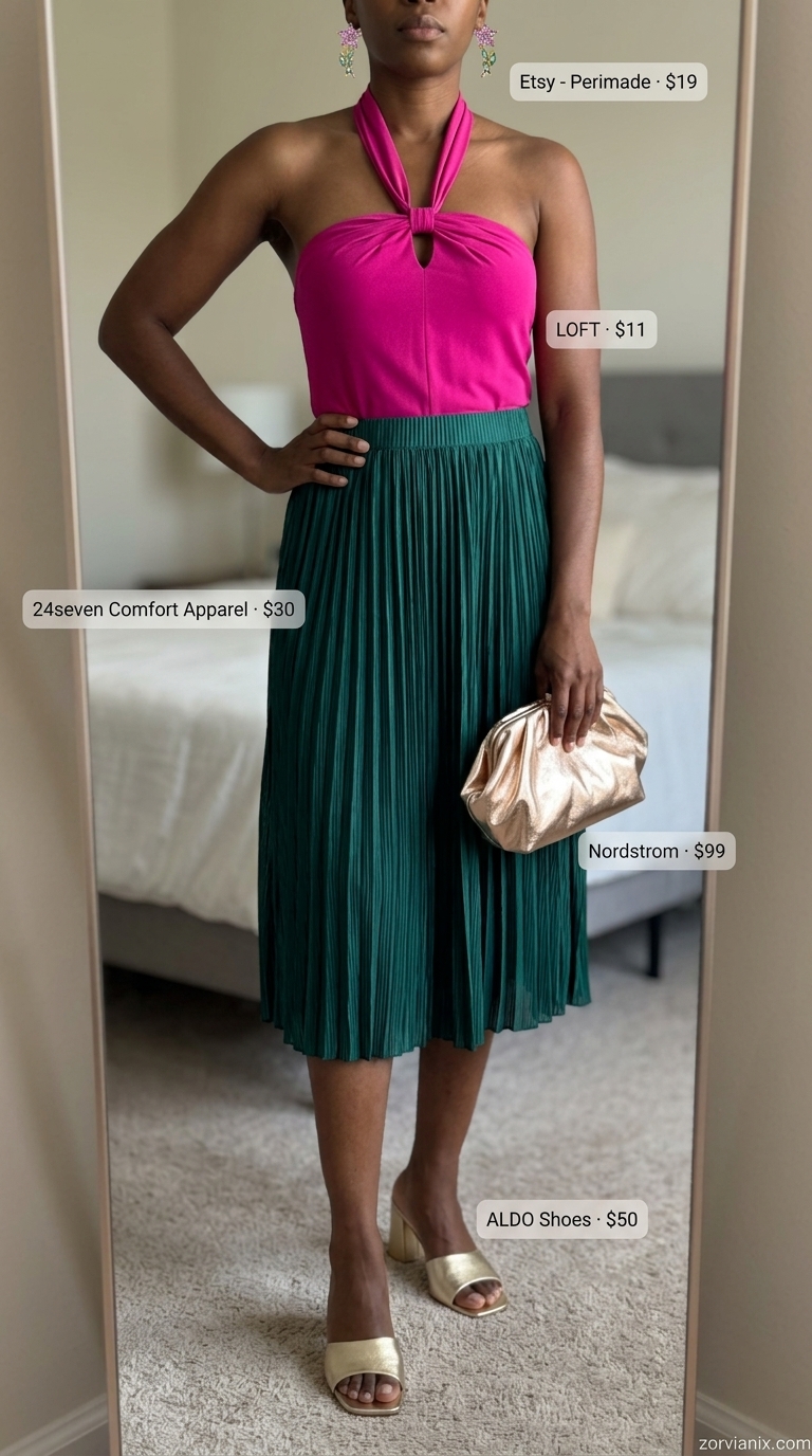 Garden Party Glamour Outfit 2026 Trendy summer outfits for black woman 2026: Emerald green skirt, fuchsia top, gold mules for garden party.