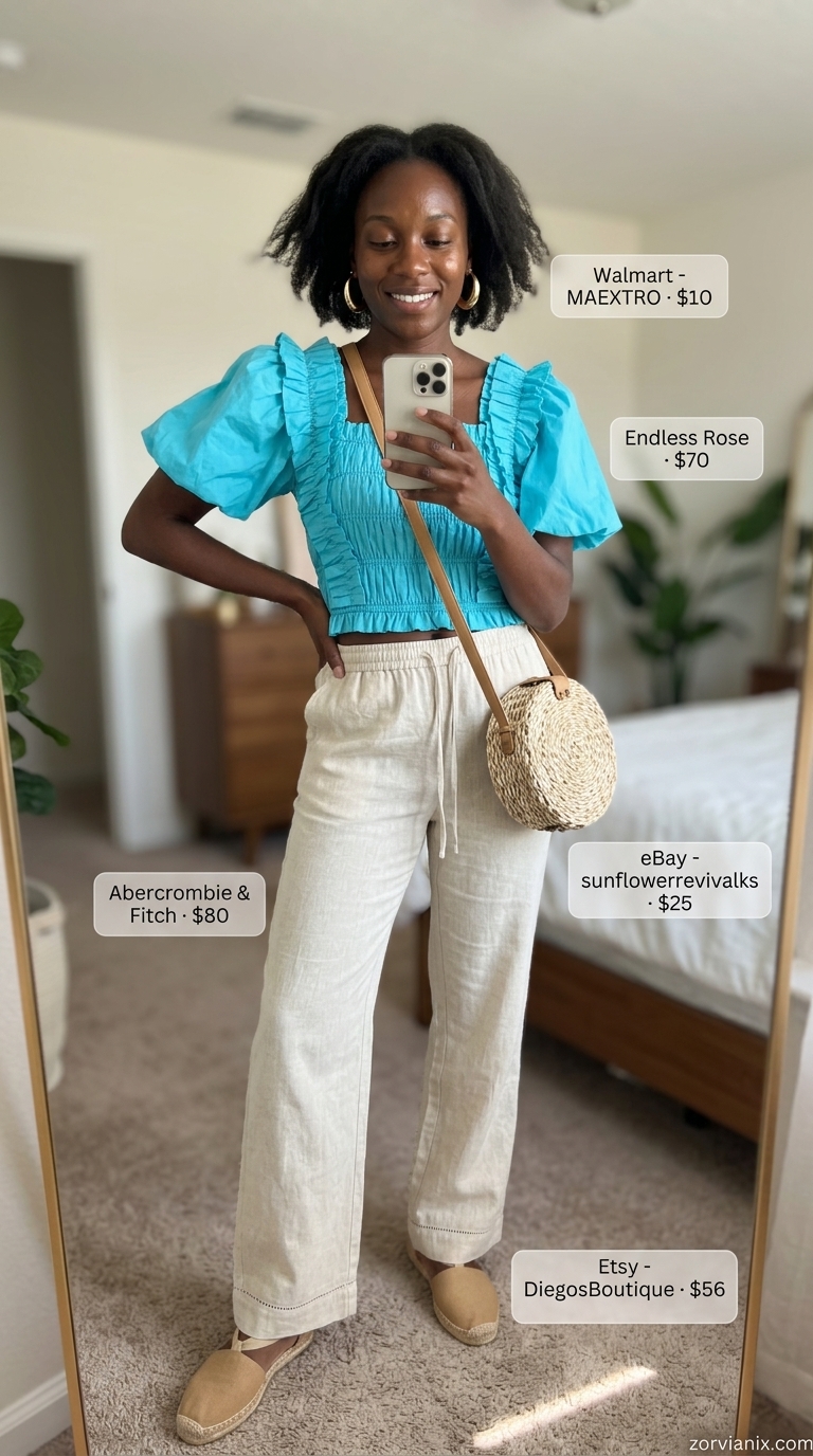 Trendy Summer Outfits 2026: Island Breeze Getaway Trendy summer outfits for black woman 2026: Turquoise crop top, linen pants, straw bag, and espadrille sandals for resort wear.