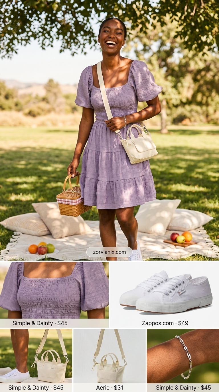 Lavender Haze Picnic Outfit 2026 Trendy summer outfits for black woman 2026: Lavender sundress, white sneakers, canvas crossbody for picnic.