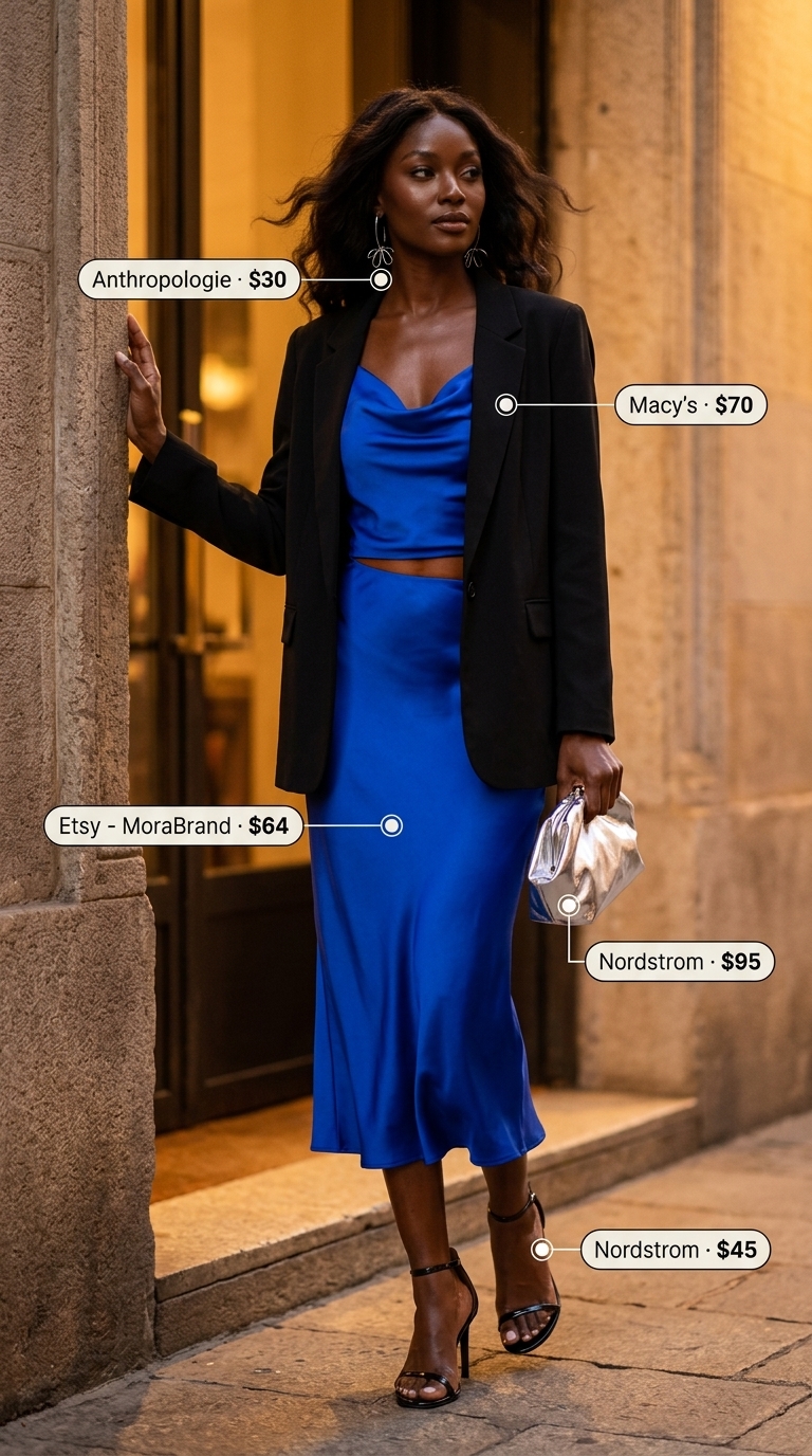 Trendy Summer Outfits 2026: Midnight Oasis Date Night Trendy summer outfits for black woman 2026: Electric blue satin midi dress, black blazer, silver heels, and statement earrings.