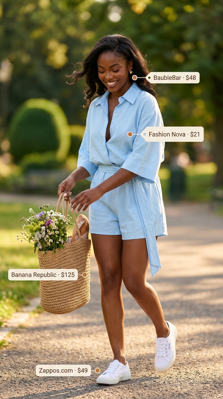 Playful Park Picnic Outfit 2026 Trendy summer outfits for black woman 2026: Sky blue linen romper, white sneakers, tan crossbody bag for a park picnic.