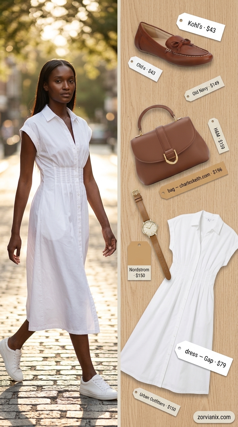 Polished Riviera Brunch Outfit 2026 Trendy summer outfits for black woman 2026: Cream midi shirt dress, leather loafers, structured shoulder bag for brunch.