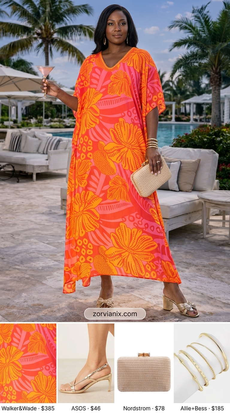 Sunset Caftan Elegance Outfit 2026 Trendy summer outfits for black woman 2026: Sunset gradient caftan, gold sandals, straw clutch for beach dinner.