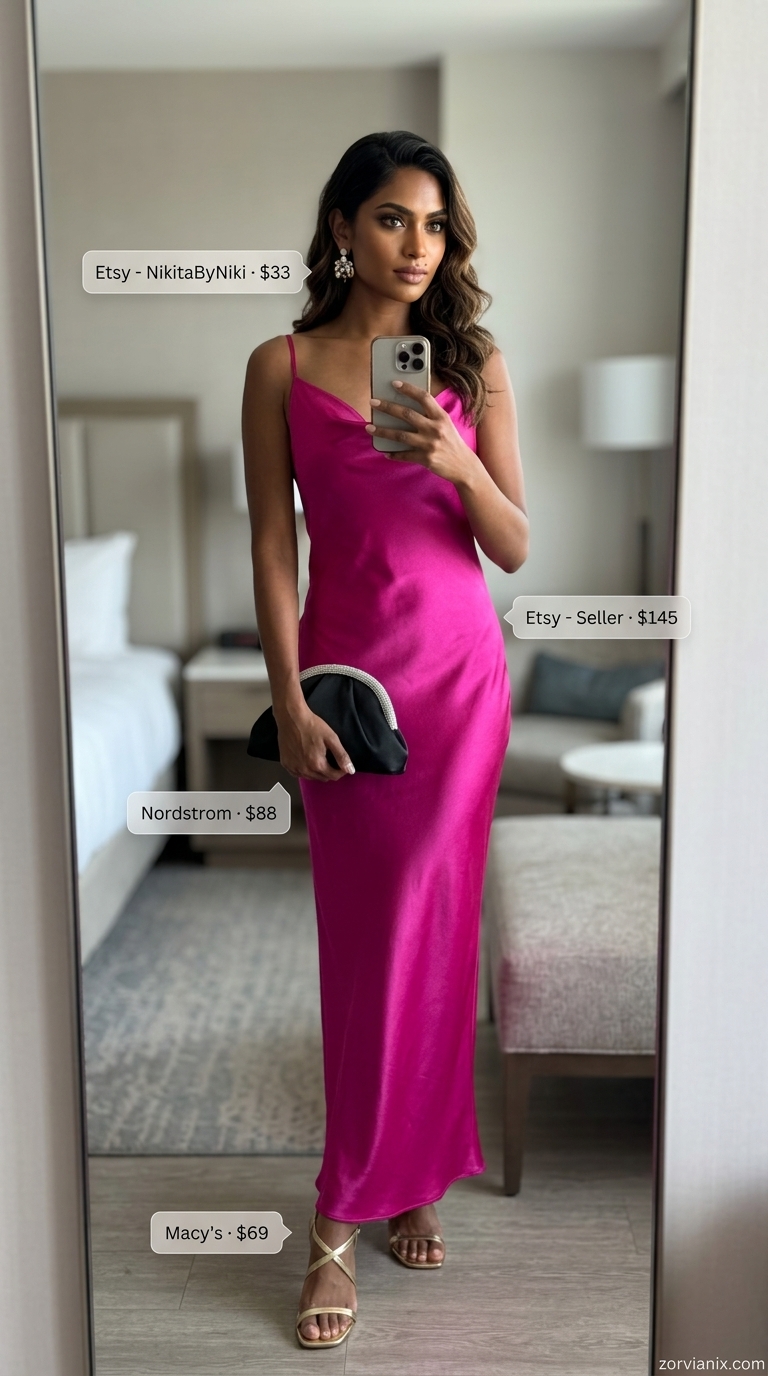 Trendy Summer Outfits 2026: Sunset Soiree Siren Trendy summer outfits for black woman 2026: Magenta silk slip dress, gold heels, and statement earrings for a summer wedding.