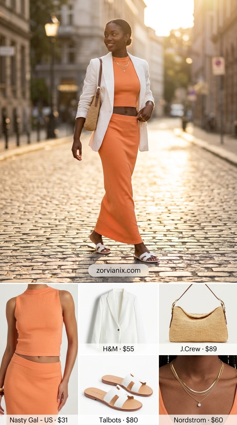 Trendy Summer Outfits 2026: Tangerine Dream Co-ord Trendy summer outfits for black woman 2026: Tangerine orange knit co-ord set with white linen blazer and tan raffia bag.