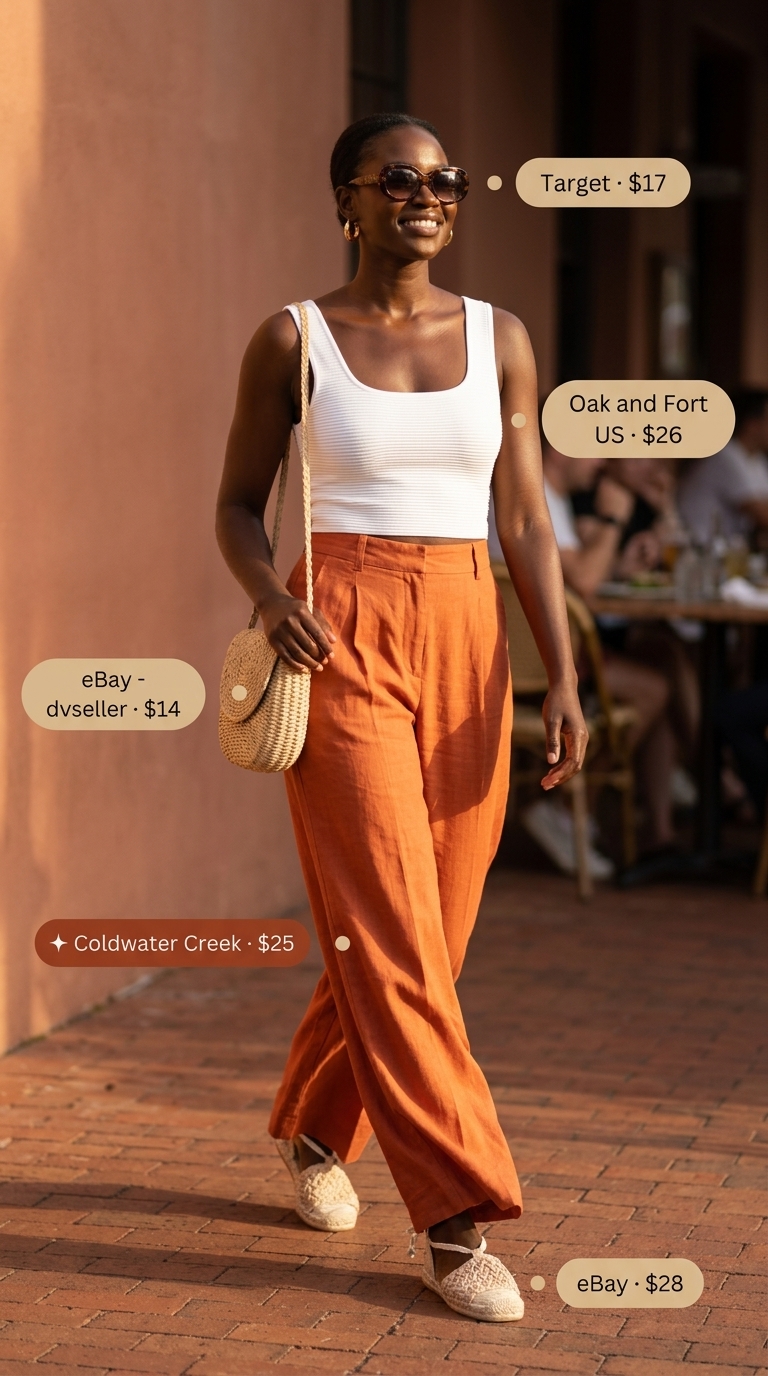 Trendy summer outfits for black woman 2026: Terracotta linen pants, cream tank top, straw bag, and espadrille sandals for brunch.