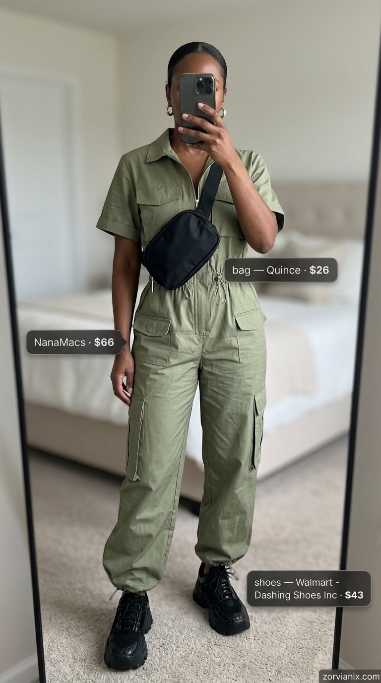Trendy Summer Outfits 2026: Urban Explorer Jumpsuit Trendy summer outfits for black woman 2026: Olive green utility jumpsuit, chunky sneakers, and gold hoop earrings for weekend.