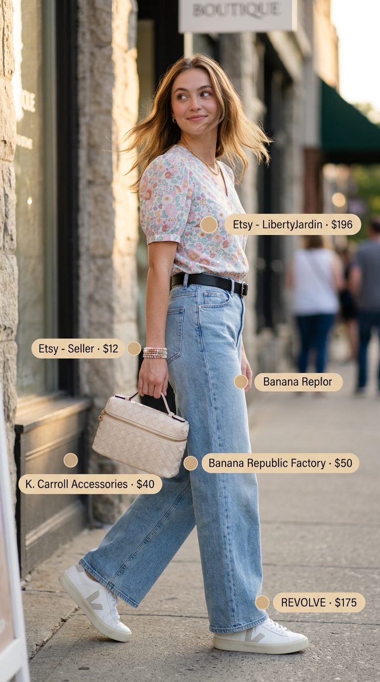 Weekend brunch wide leg jean outfits summer for women 2026: Floral puff sleeve blouse, light wash denim.