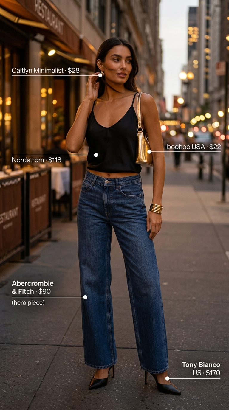 City Summer Evening wide leg jean outfits for women 2026: Black silk cami, dark wash denim, and heels.