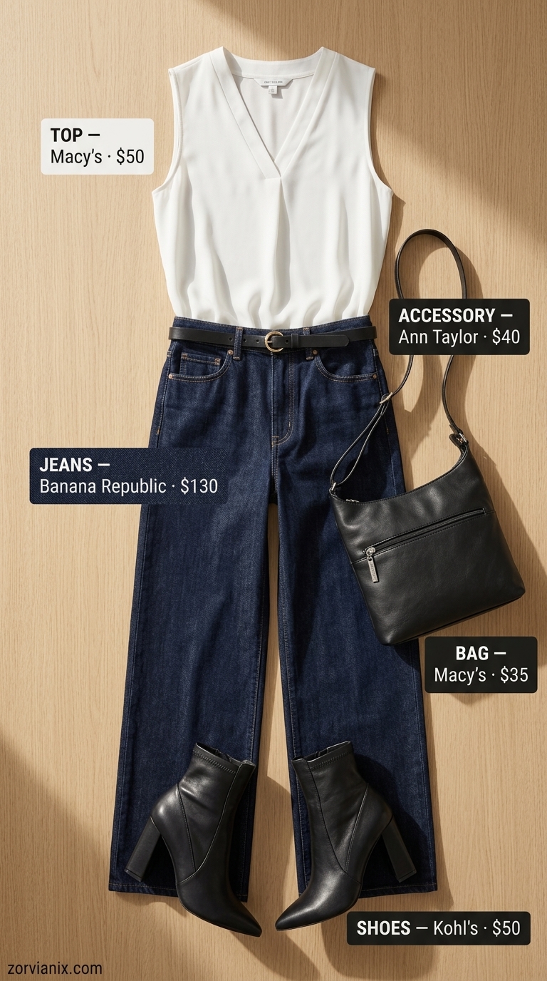City explorer wide leg jean outfits summer for women 2026: White blouse, dark wash denim, black ankle boots.