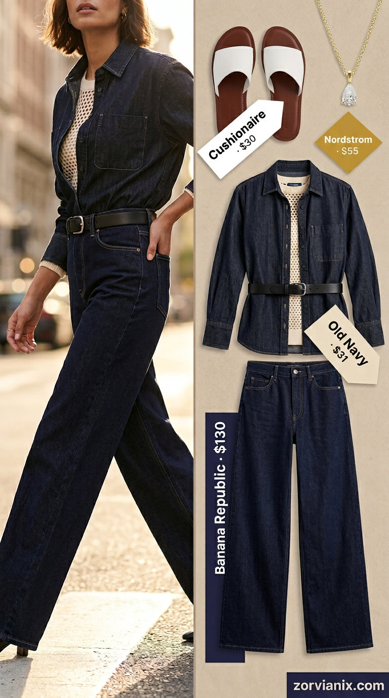 Elevated casual wide leg jean outfits summer for women 2026: Beige knit, dark wash denim, leather slides.