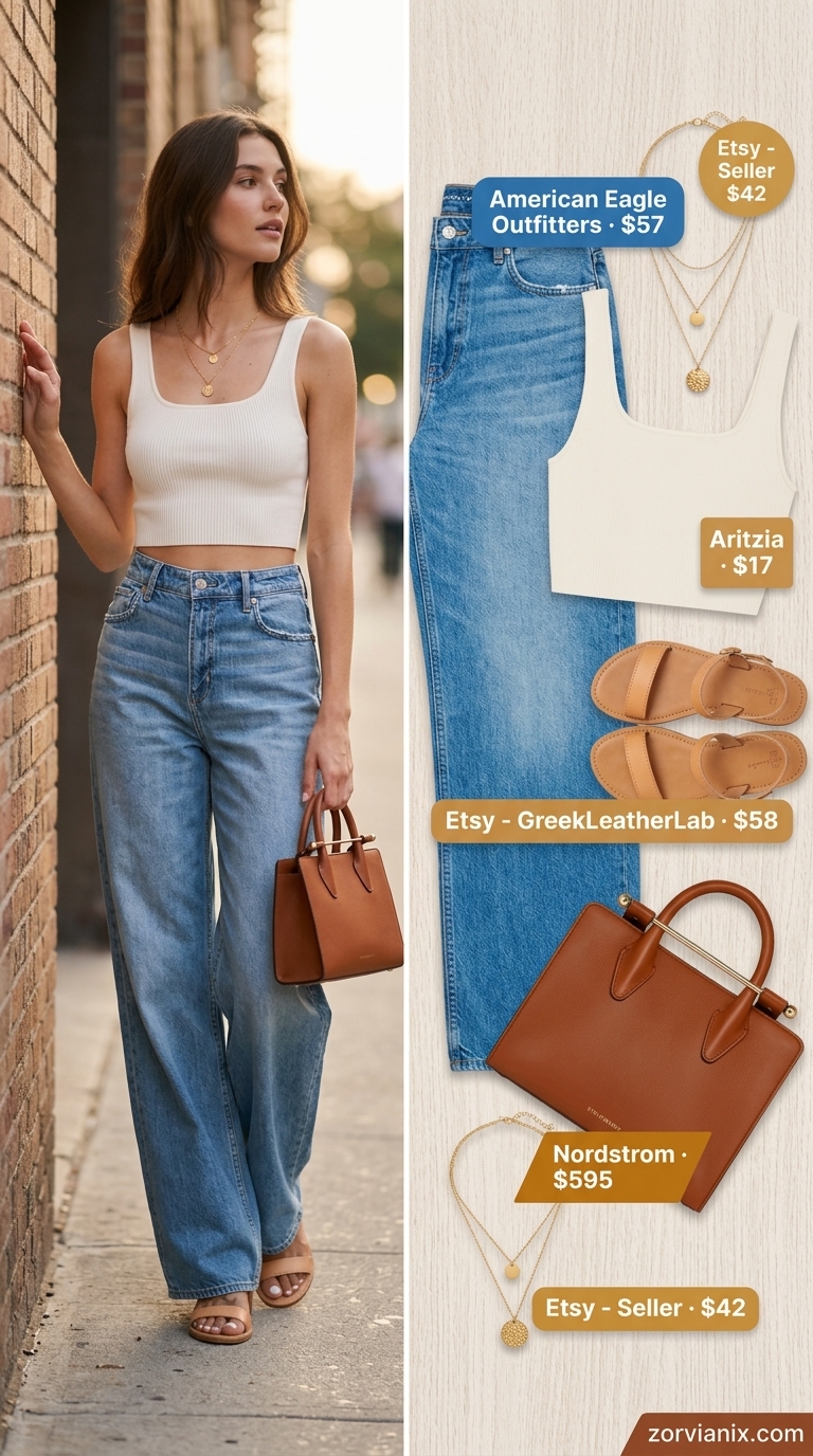 Golden Hour wide leg jean outfits summer for women 2026: Cream tank, medium wash denim, and leather sandals.