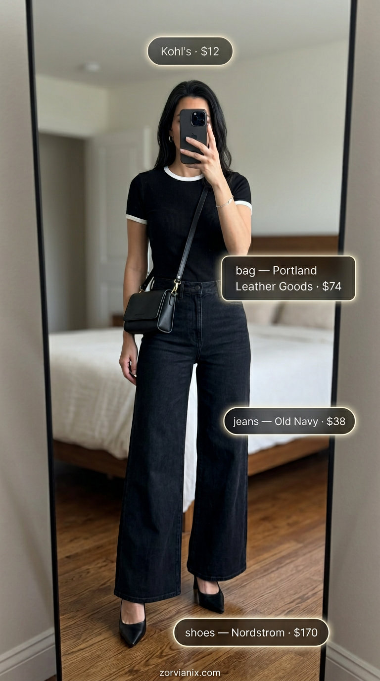 Modern minimalist wide leg jean outfits summer for women 2026: Black top, dark wash denim, pointed mules.