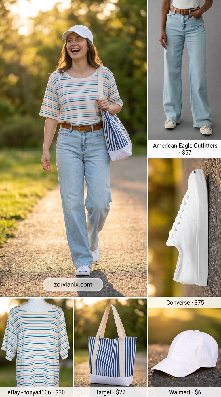 Sunny day casual wide leg jean outfits summer for women 2026: Striped tee, light wash denim, baseball cap.