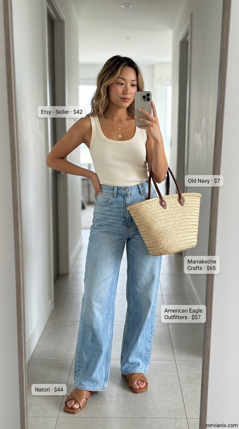 Sunny wide leg jean outfits summer for women 2026: Light wash jeans, cream tank, slide sandals, straw tote, layered necklaces.