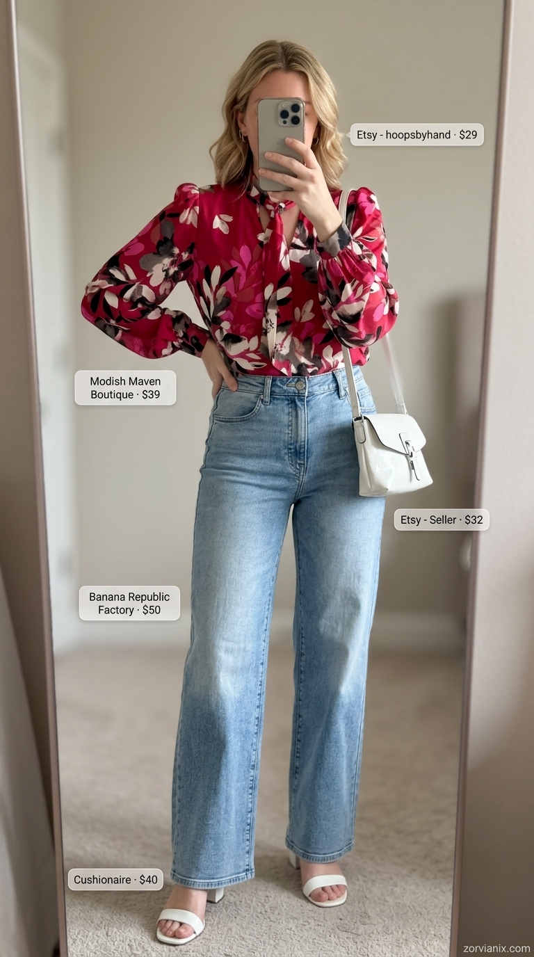 Feminine wide leg jean outfits summer for women 2026: Light wash jeans, floral puff-sleeve blouse, block heels, crossbody bag.