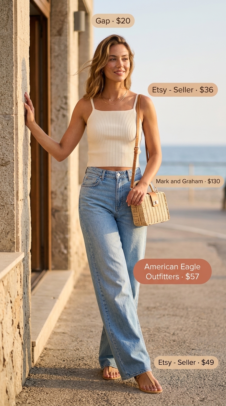 Effortless wide leg jean outfits summer for women 2026: Light wash jeans, cream tank, leather sandals, straw bag, gold necklace.