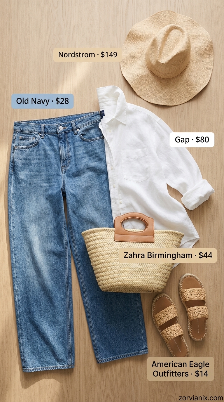 Coastal breeze wide leg jeans outfits summer for women 2026: Linen shirt, wide leg jeans, straw hat, espadrilles, straw tote.
