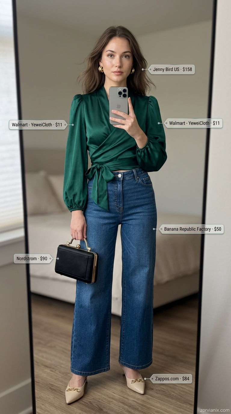 Elegant wide leg jean outfits summer for women 2026: Dark wash jeans, emerald green wrap blouse, heeled mules, statement earrings.
