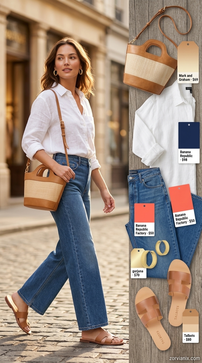 Casual wide leg jean outfits summer for women 2026: Linen shirt, wide leg jeans, slide sandals, straw bag, gold hoops.