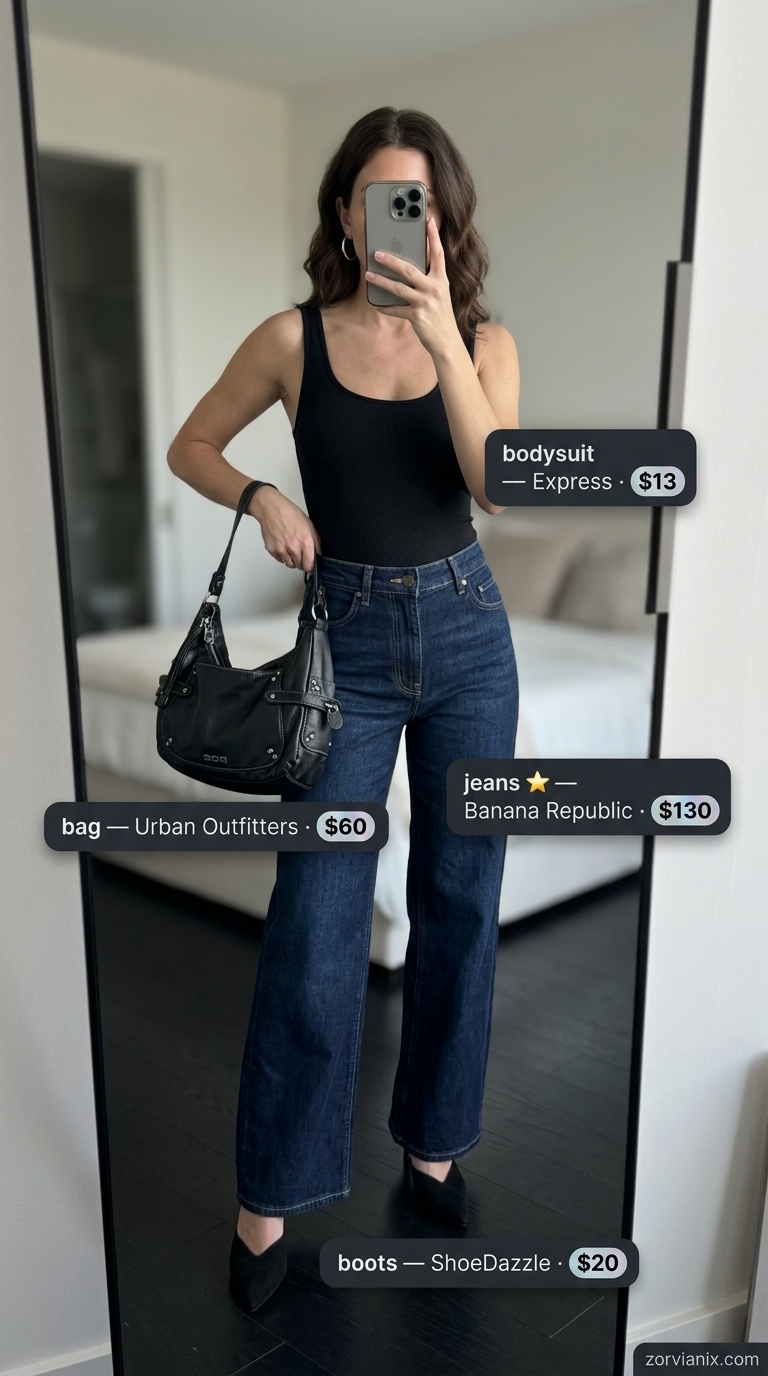 Minimalist wide leg jean outfits summer for women 2026: Dark wash jeans, black bodysuit, black mules, crossbody bag, silver hoops.