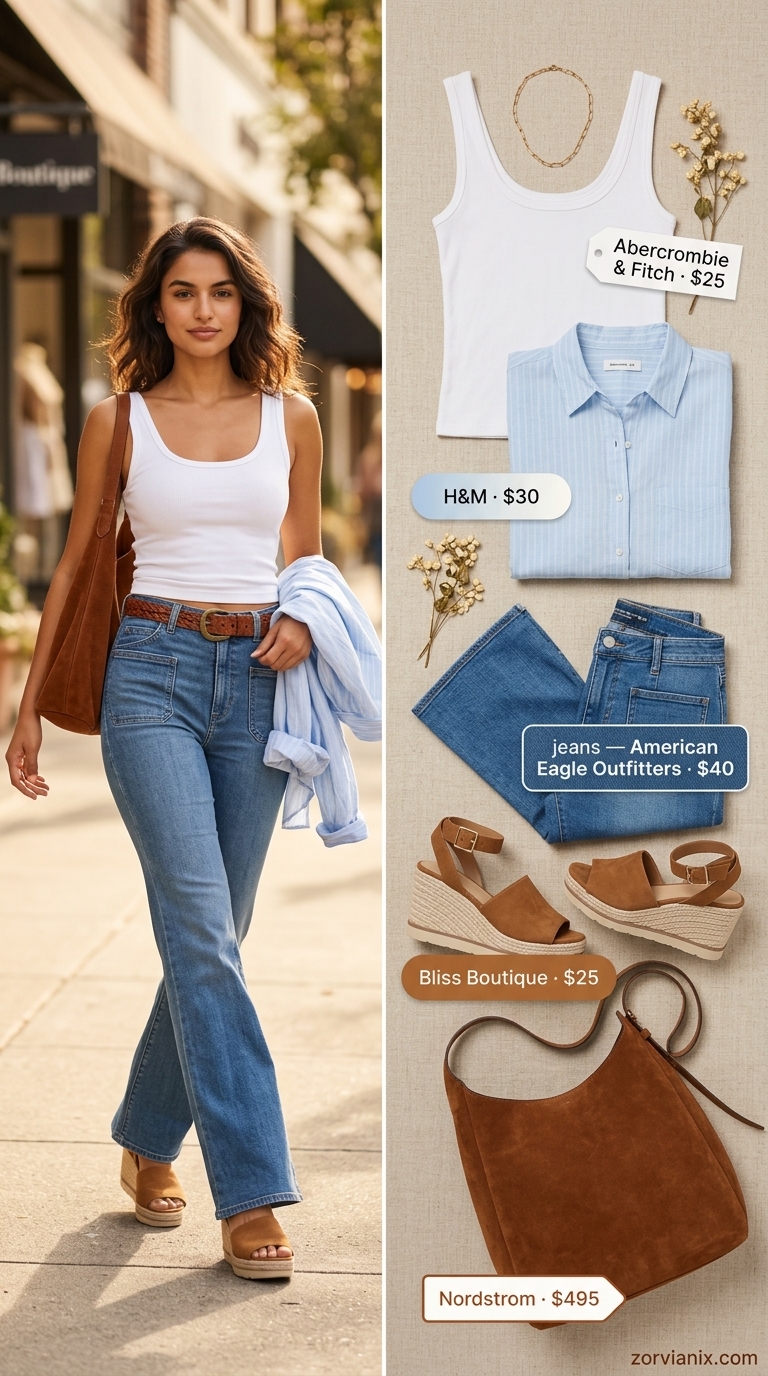 Retro wide leg jean outfits summer for women 2026: Medium wash flared jeans, striped shirt, fitted tank, espadrilles, suede bag.