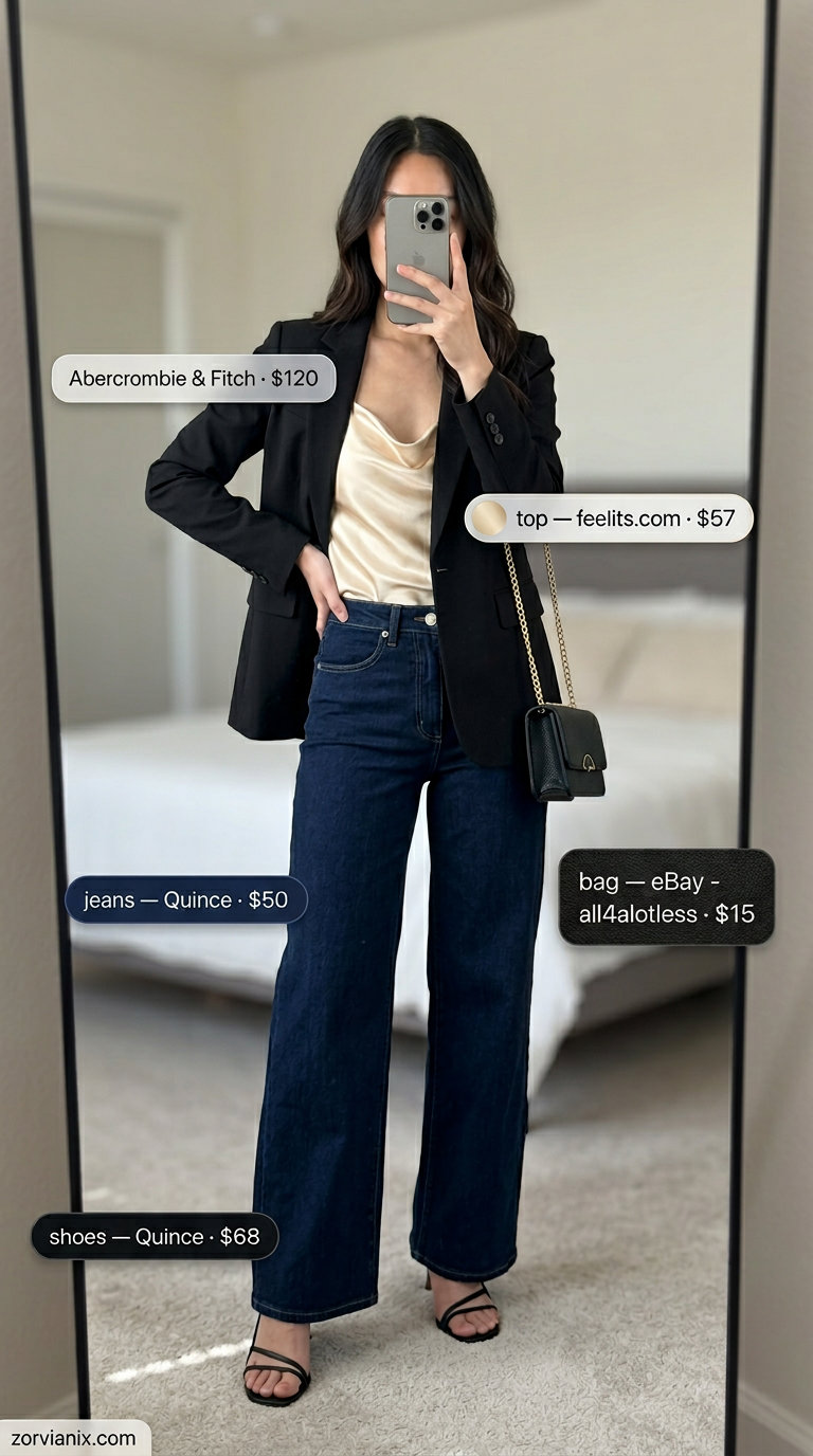 Glamorous wide leg jean outfits summer for women 2026: Dark wash jeans, champagne camisole, black blazer, heeled sandals, statement earrings.