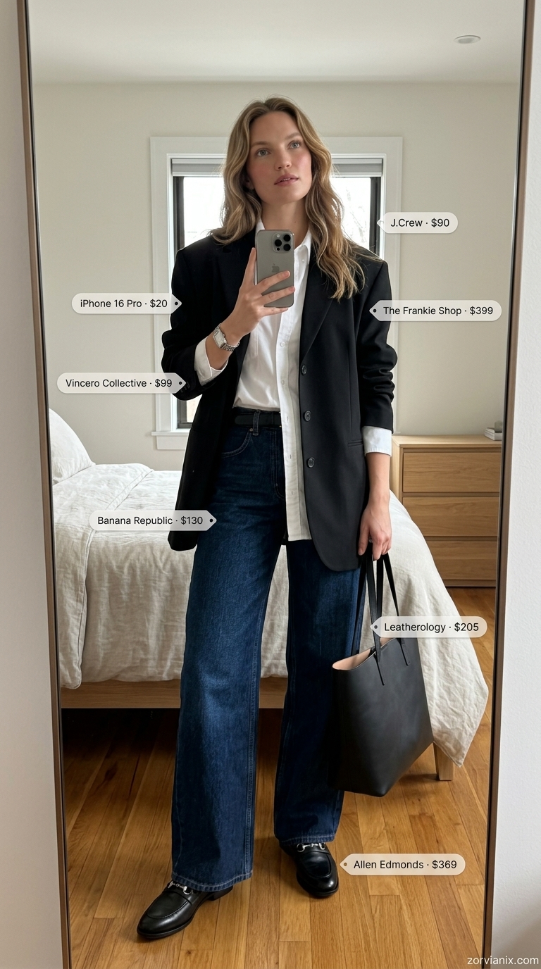 Chic wide leg jean outfits summer for women 2026: Dark wash jeans, white shirt, black blazer, loafers for smart casual office.