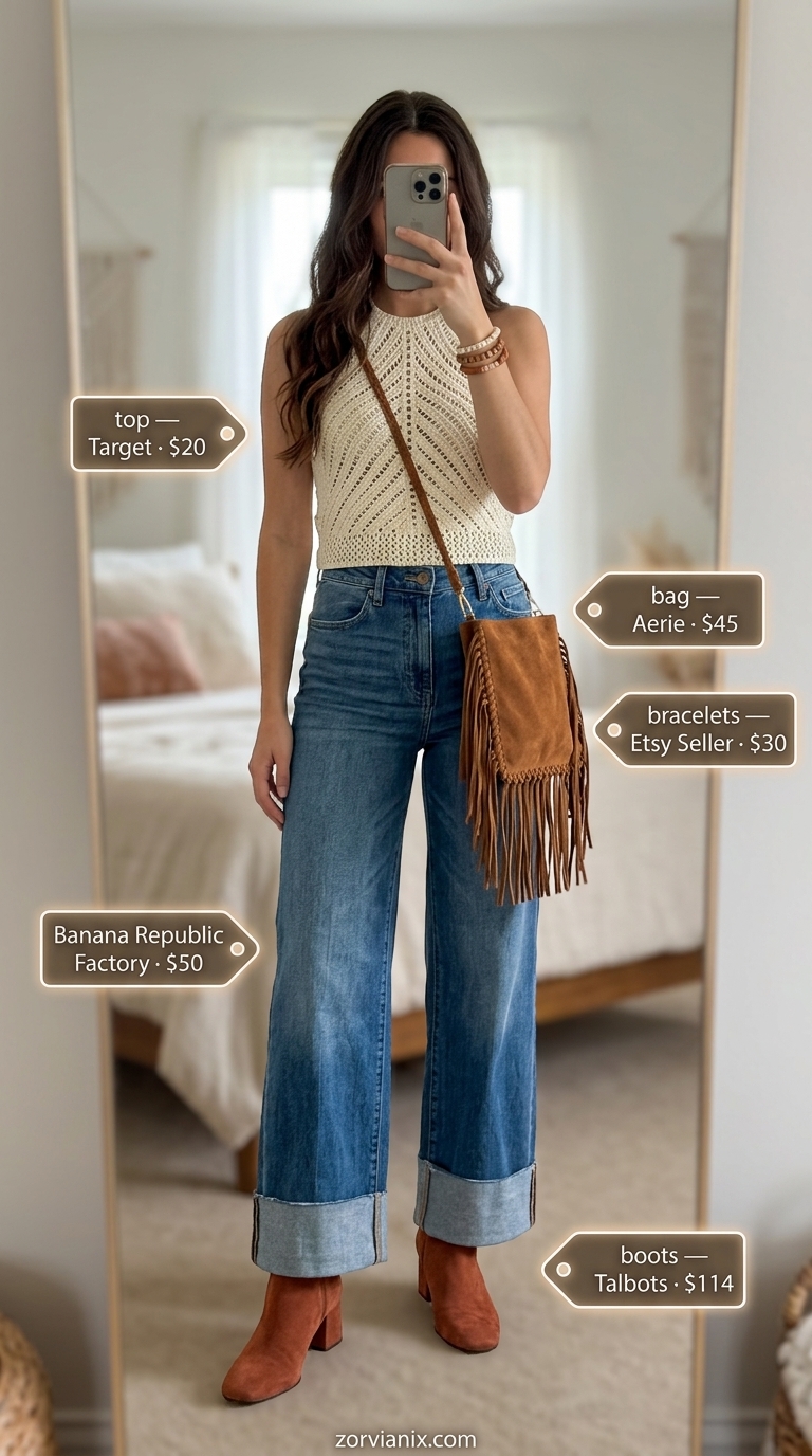 Boho summer evening wide leg jean outfits for women 2026: Medium wash denim, cream crochet top, terracotta boots.