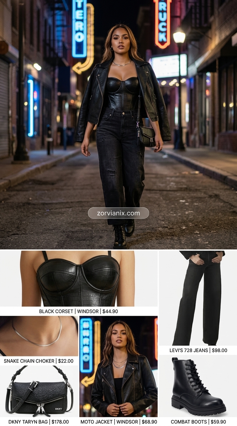 Edgy wide leg jean outfits for women 2026: Black denim, corset top, moto jacket, combat boots.