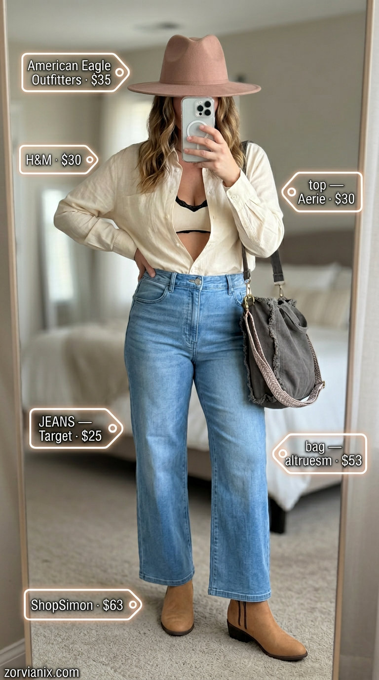 Summer festival wide leg jean outfits for women 2026: Light wash denim, linen shirt, crochet bralette, felt hat.