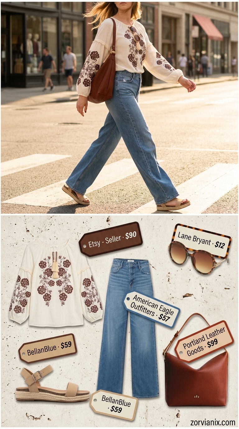 Retro wide leg jean outfits for women 2026: Flared denim, embroidered peasant blouse, platform espadrilles.