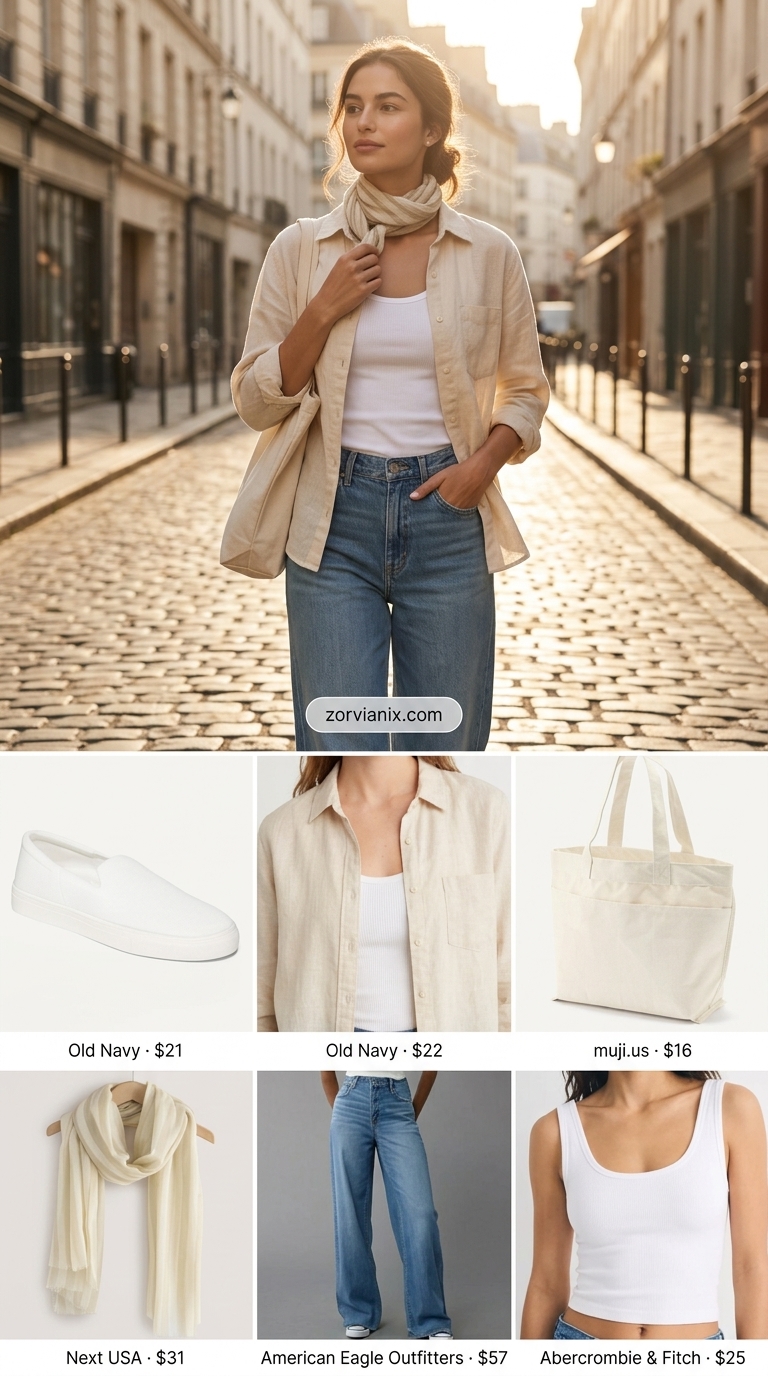 Relaxed travel wide leg jean outfits for women 2026: Medium wash denim, linen shirt, scarf, tote bag.