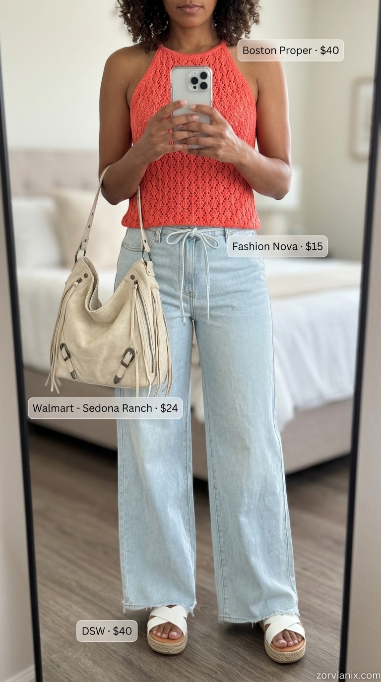 Vacation wide leg jean outfits for women 2026: Light wash denim, coral crop top, espadrilles, fringe bag.
