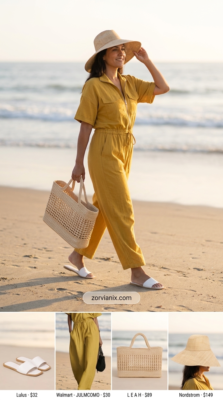 Women outfit inspo summer 2026: Mustard yellow romper, straw hat, and slide sandals for a relaxed beach day.