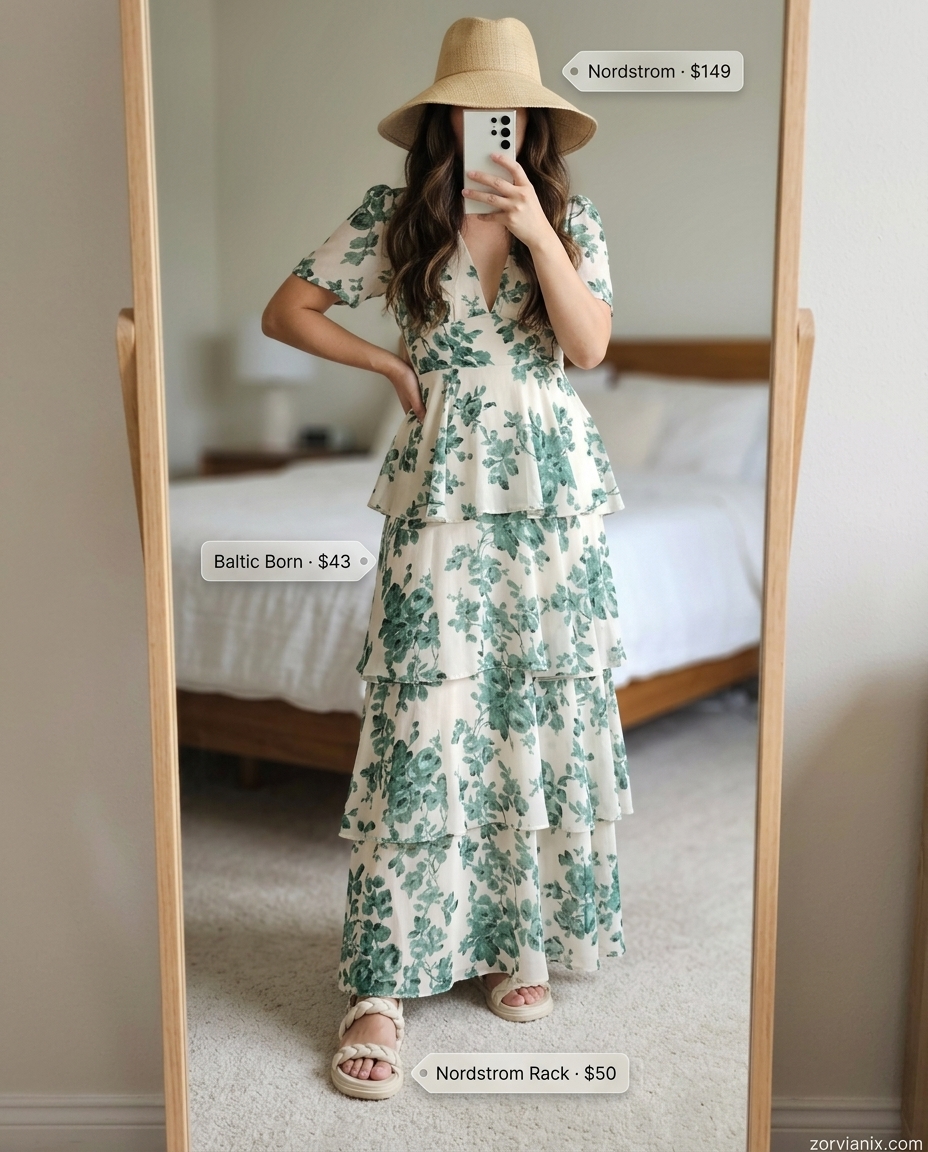 Boho Beach Maxi dress outfit inspo summer 2026: Cream floral maxi, straw tote, leather slides, and wide-brim hat.