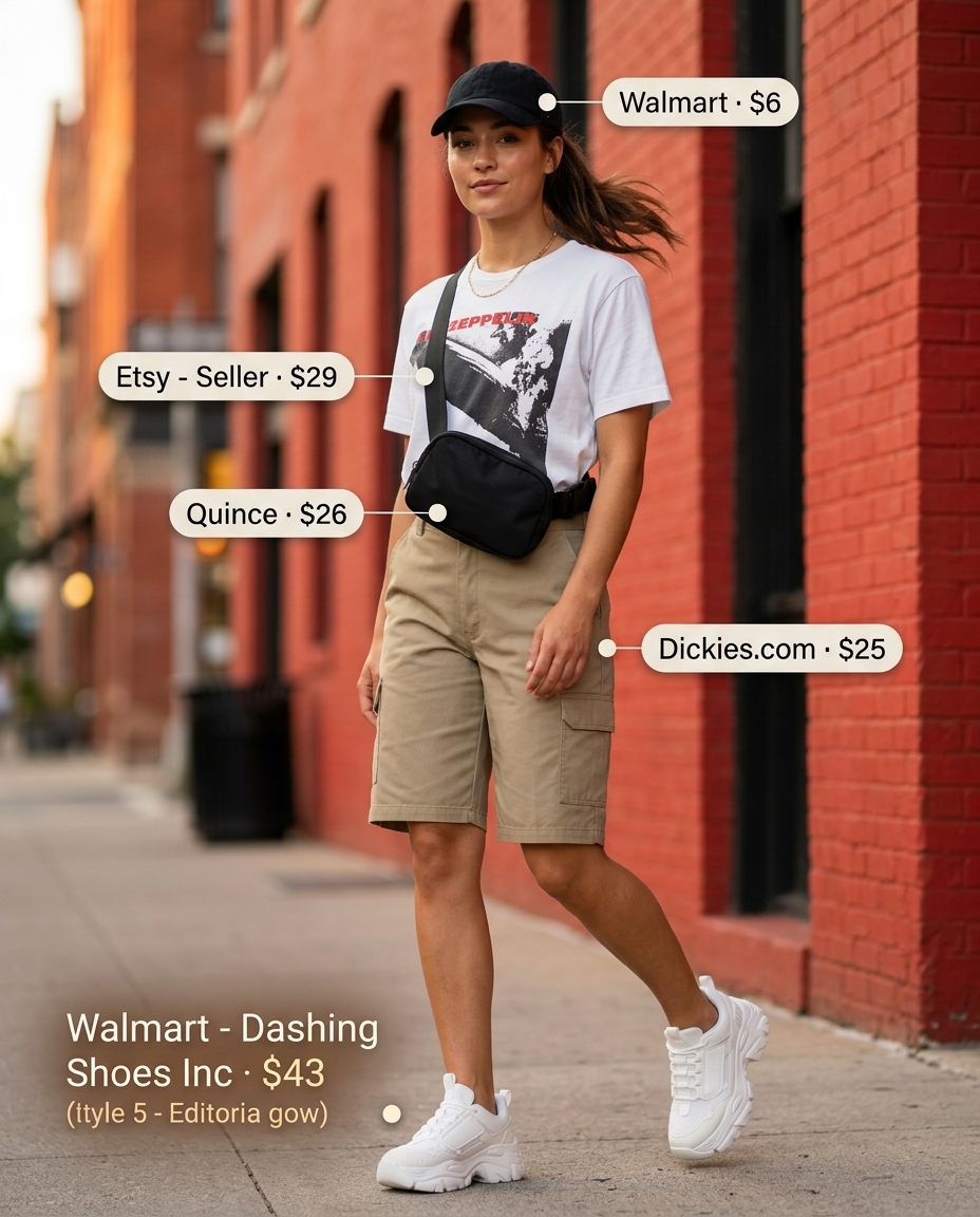 Women outfit inspo summer 2026: Khaki cargo shorts, graphic tee, chunky sneakers, and baseball cap for urban exploring.