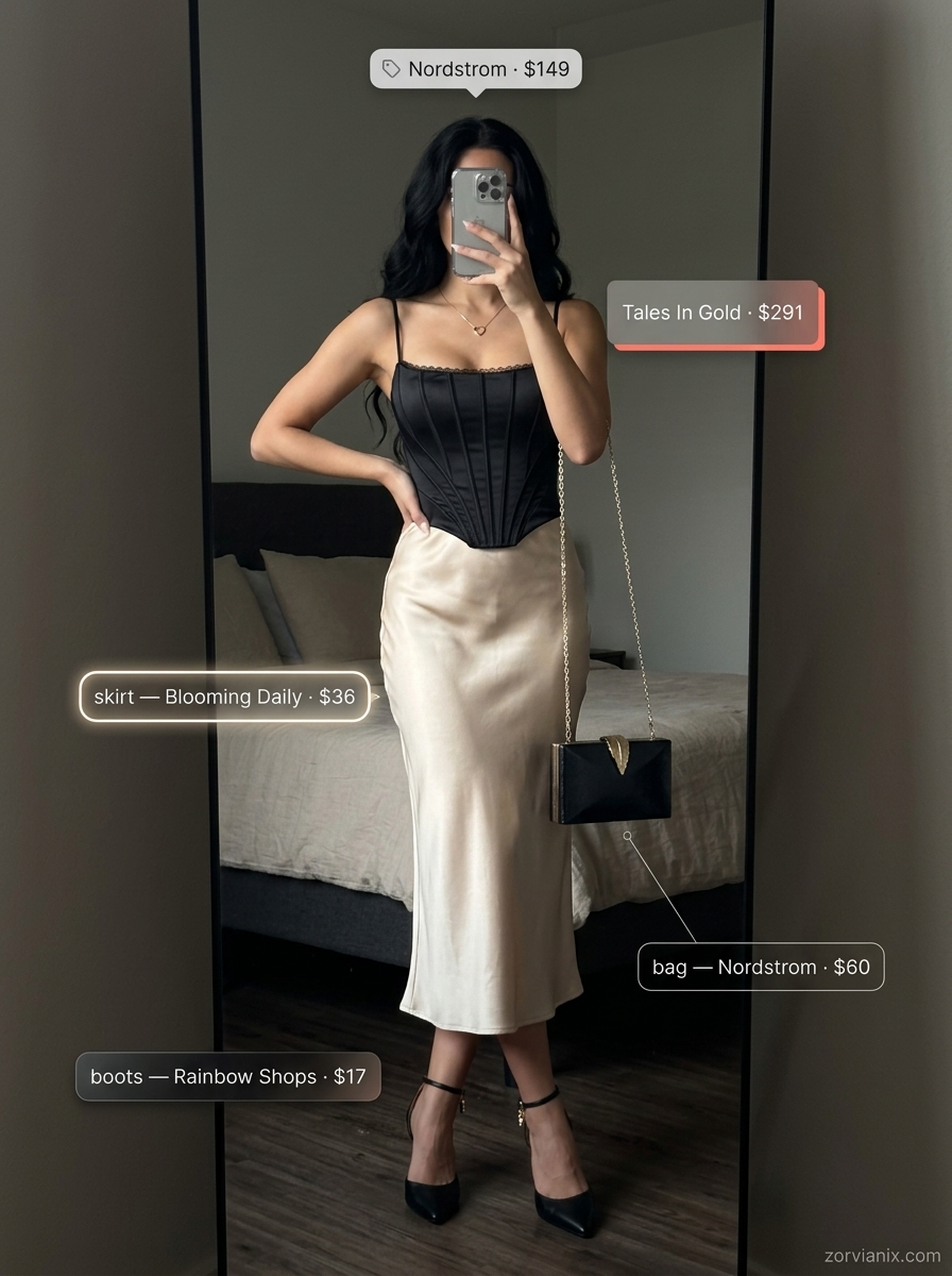 Women outfit inspo summer 2026: Champagne satin skirt, black corset top, black heels, and clutch for a sophisticated night out.