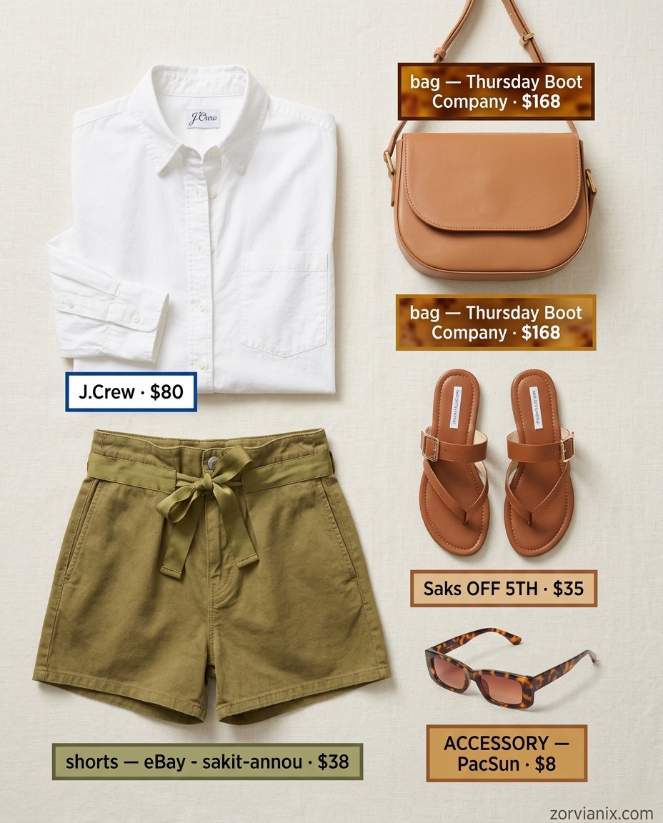 Women outfit inspo summer 2026: White oversized shirt, olive green linen shorts, tan sandals, and crossbody bag for city exploration.