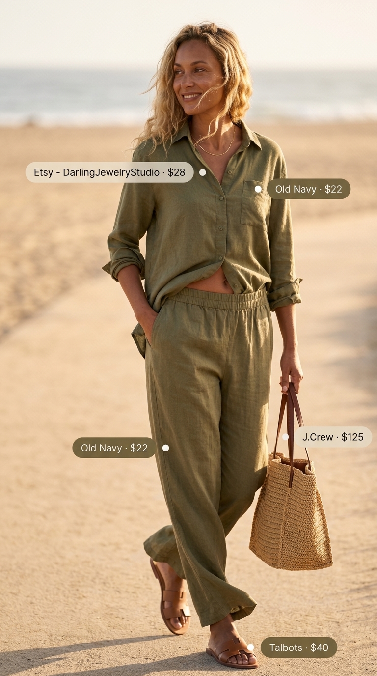Women outfit inspo summer 2026: Olive green linen set with wide-leg pants, oversized shirt, straw tote, and tan slides for a relaxed day.