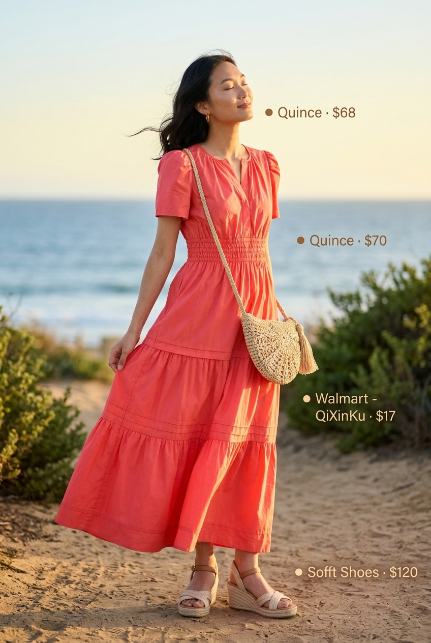 Women outfit inspo summer 2026: Coral maxi dress, espadrille wedges, and gold earrings for a summer party.