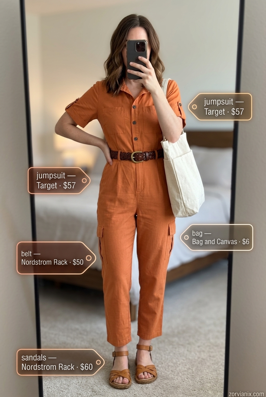 Effortless Summer Jumpsuit outfit inspo summer 2026: Terracotta jumpsuit, brown sandals, canvas tote, woven belt.
